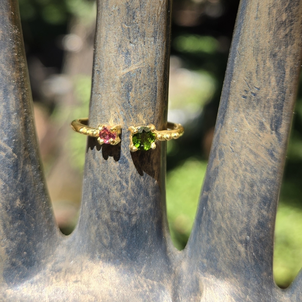 Chrome Diopside & Rhodolite Sterling & Gold Open Design 8.5 Adjustable Size - Picture 3 of 7